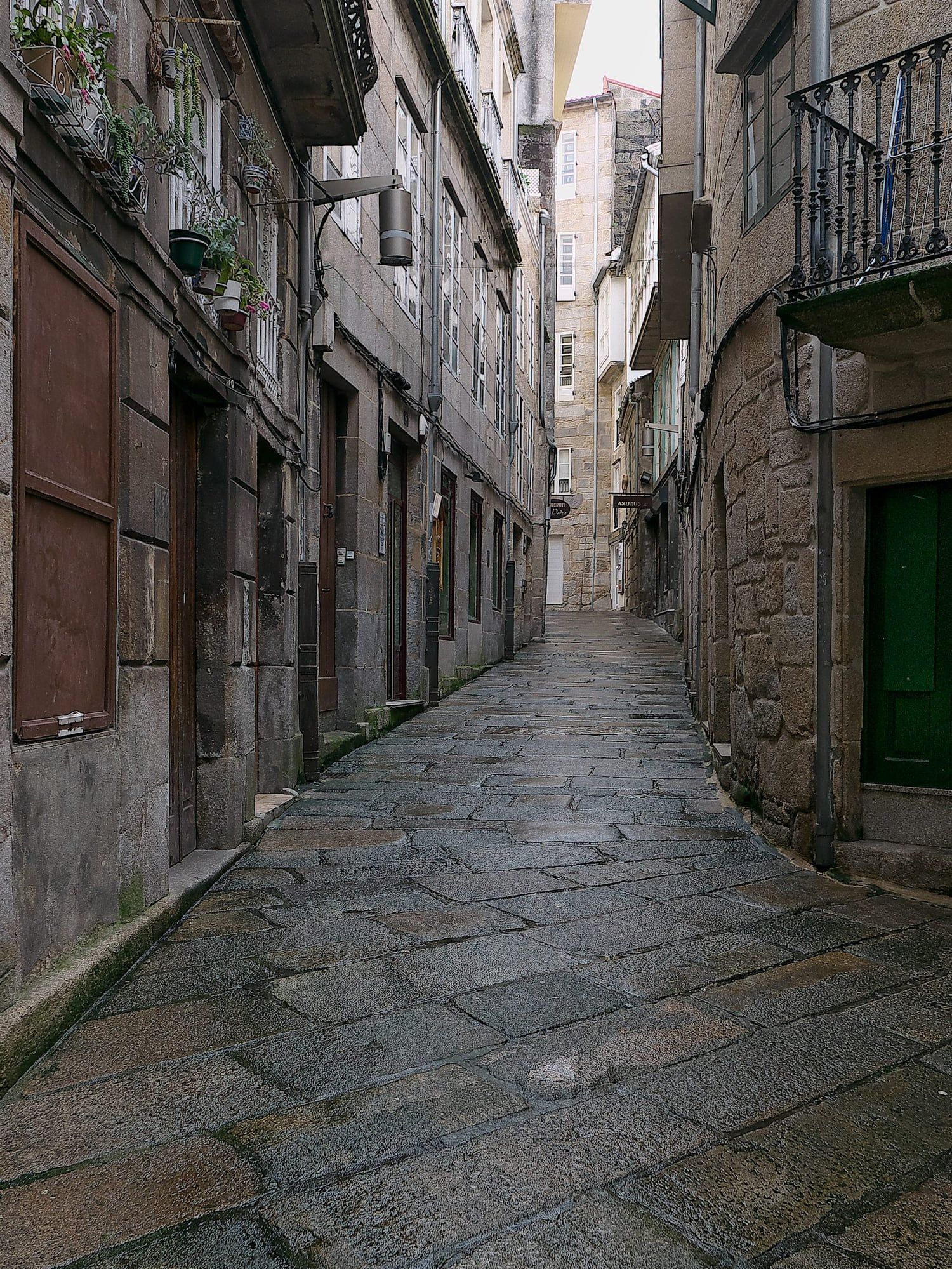 A narrow lane of Vigo's Casco Vello, the street of the basket makers (Rúa Cesteiros): rain-darkened granite flagstones run between tall stone houses with wooden doors, wrought-iron balconies and potted plants, a green door and an iron balcony on the right, an old wall lamp on the left, and the lane narrows toward taller buildings under a pale overcast sky
